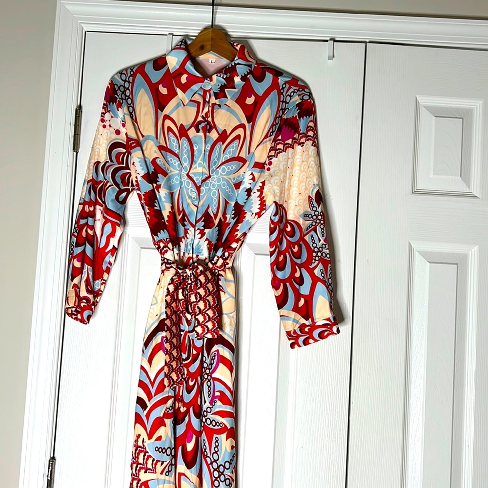 SHEIN Red Blue Cream Abstract Floral Maxi Dress